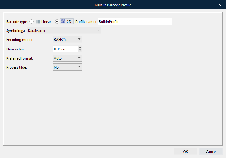 The Built-in Barcode Profile window containing configuration for a DataMatrix barcode.